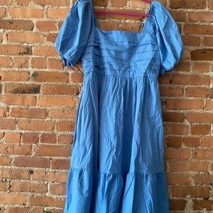 Abercrombie Puff Sleeve Poplin Midi Dress blue